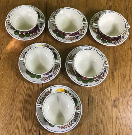 BELLE FIORI SOUP BOUILLONS + UNDER PLATES x 6 WOOD and SONS HAND PAINTED ENGLAND FLOWERS BELLE FIORE