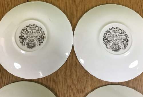 BELLE FIORI SOUP BOUILLONS + UNDER PLATES x 6 WOOD and SONS HAND PAINTED ENGLAND FLOWERS BELLE FIORE
