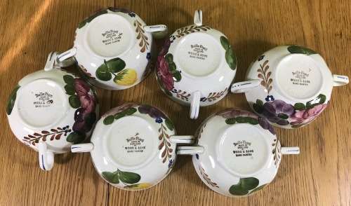 BELLE FIORI SOUP BOUILLONS + UNDER PLATES x 6 WOOD and SONS HAND PAINTED ENGLAND FLOWERS BELLE FIORE