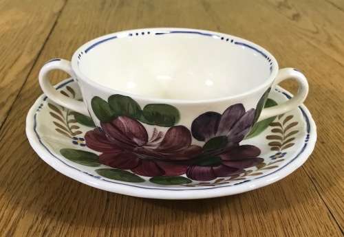 BELLE FIORI SOUP BOUILLONS + UNDER PLATES x 6 WOOD and SONS HAND PAINTED ENGLAND FLOWERS BELLE FIORE