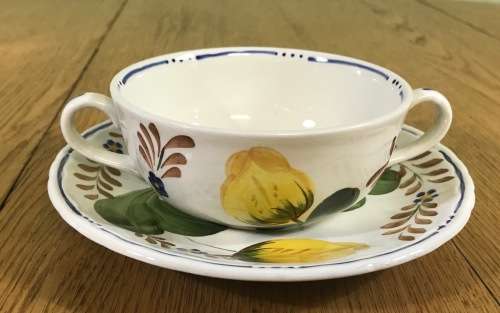 BELLE FIORI SOUP BOUILLONS + UNDER PLATES x 6 WOOD and SONS HAND PAINTED ENGLAND FLOWERS BELLE FIORE