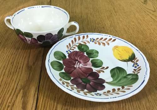 BELLE FIORI SOUP BOUILLONS + UNDER PLATES x 6 WOOD and SONS HAND PAINTED ENGLAND FLOWERS BELLE FIORE