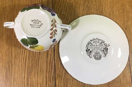 BELLE FIORI SOUP BOUILLONS + UNDER PLATES x 6 WOOD and SONS HAND PAINTED ENGLAND FLOWERS BELLE FIORE