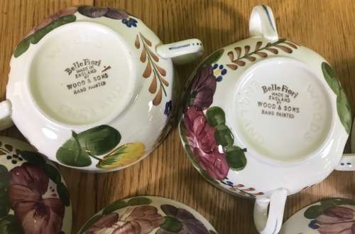 BELLE FIORI SOUP BOUILLONS + UNDER PLATES x 6 WOOD and SONS HAND PAINTED ENGLAND FLOWERS BELLE FIORE