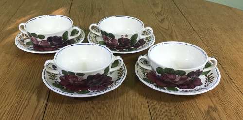 BELLE FIORI SOUP BOUILLONS + UNDER PLATES x 4 WOOD and SONS HAND PAINTED ENGLAND FLOWERS BELLE FIORE
