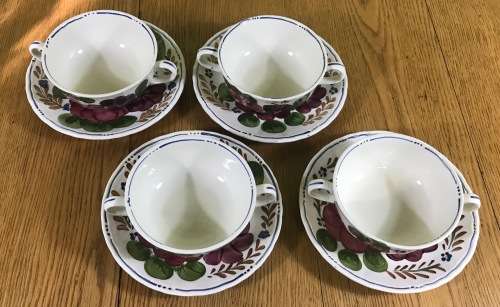 BELLE FIORI SOUP BOUILLONS + UNDER PLATES x 4 WOOD and SONS HAND PAINTED ENGLAND FLOWERS BELLE FIORE
