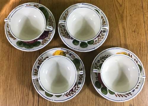 BELLE FIORI SOUP BOUILLONS + UNDER PLATES x 4 WOOD and SONS HAND PAINTED ENGLAND FLOWERS BELLE FIORE