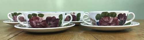 BELLE FIORI SOUP BOUILLONS + UNDER PLATES x 4 WOOD and SONS HAND PAINTED ENGLAND FLOWERS BELLE FIORE