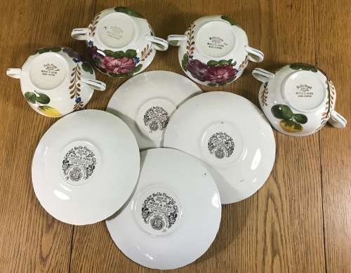 BELLE FIORI SOUP BOUILLONS + UNDER PLATES x 4 WOOD and SONS HAND PAINTED ENGLAND FLOWERS BELLE FIORE