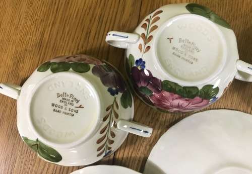 BELLE FIORI SOUP BOUILLONS + UNDER PLATES x 4 WOOD and SONS HAND PAINTED ENGLAND FLOWERS BELLE FIORE