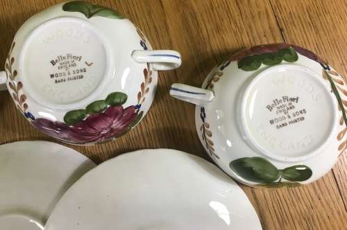 BELLE FIORI SOUP BOUILLONS + UNDER PLATES x 4 WOOD and SONS HAND PAINTED ENGLAND FLOWERS BELLE FIORE