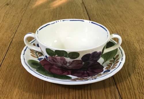 BELLE FIORI SOUP BOUILLONS + UNDER PLATES x 4 WOOD and SONS HAND PAINTED ENGLAND FLOWERS BELLE FIORE