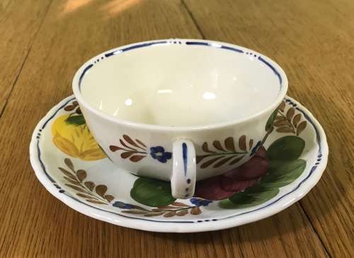 BELLE FIORI SOUP BOUILLONS + UNDER PLATES x 4 WOOD and SONS HAND PAINTED ENGLAND FLOWERS BELLE FIORE