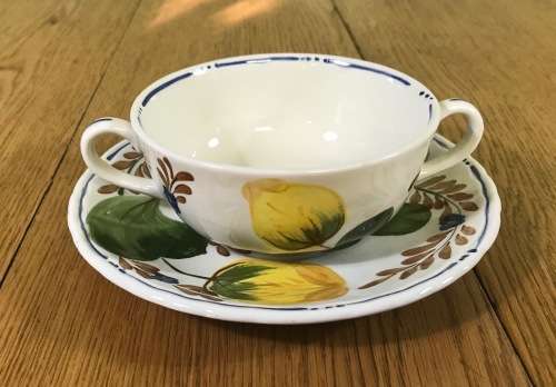 BELLE FIORI SOUP BOUILLONS + UNDER PLATES x 4 WOOD and SONS HAND PAINTED ENGLAND FLOWERS BELLE FIORE