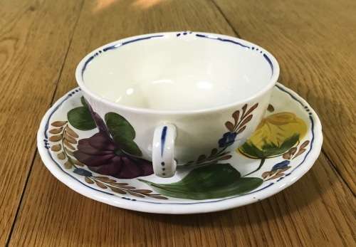 BELLE FIORI SOUP BOUILLONS + UNDER PLATES x 4 WOOD and SONS HAND PAINTED ENGLAND FLOWERS BELLE FIORE
