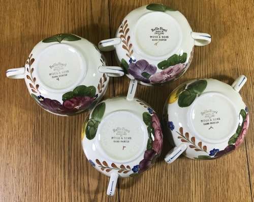 BELLE FIORI SOUP BOUILLONS ONLY x 4 WOOD and SONS HAND PAINTED ENGLAND FLOWERS BELLE FIORE