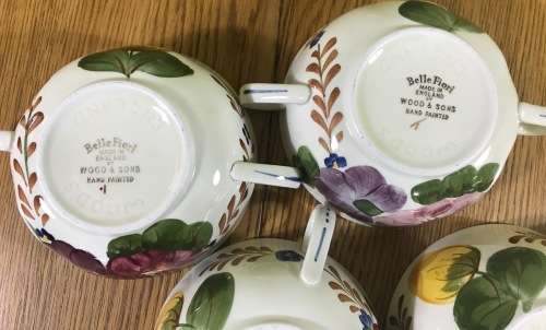 BELLE FIORI SOUP BOUILLONS ONLY x 4 WOOD and SONS HAND PAINTED ENGLAND FLOWERS BELLE FIORE