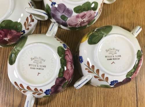 BELLE FIORI SOUP BOUILLONS ONLY x 4 WOOD and SONS HAND PAINTED ENGLAND FLOWERS BELLE FIORE