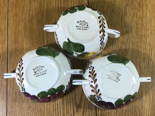 BELLE FIORI=SOUP BOUILLONS ONLY x 3=WOOD and SONS=HAND PAINTED=ENGLAND=FLOWERS=BELLE FIORE