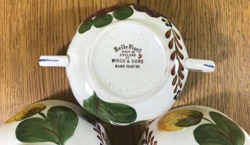 BELLE FIORI=SOUP BOUILLONS ONLY x 3=WOOD and SONS=HAND PAINTED=ENGLAND=FLOWERS=BELLE FIORE