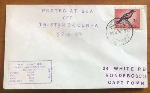 CAPE TOWN PAQUEBOT 8.7.74 MV R.S.A. SHIP POSTED AT SEA OFF TRISTAN DA CUNHA 22.6.74 SHRIKE BIRD SACC