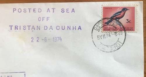 CAPE TOWN PAQUEBOT 8.7.74 MV R.S.A. SHIP POSTED AT SEA OFF TRISTAN DA CUNHA 22.6.74 SHRIKE BIRD SACC