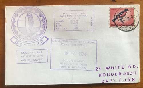 CAPE TOWN PAQUEBOT 8.7.74 MV R.S.A. SHIP GOUGH ISLAND WEATHER OFFICE DEPT TRANSPORT SHRIKE PENGUIN.