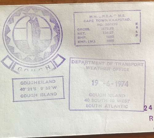 CAPE TOWN PAQUEBOT 8.7.74 MV R.S.A. SHIP GOUGH ISLAND WEATHER OFFICE DEPT TRANSPORT SHRIKE PENGUIN.