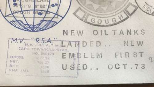 CAPE TOWN PAQUEBOT 17.11.73 MV R.S.A. SHIP GOUGH ISLAND NEW OIL TANKS LANDED SHRIKE PENGUIN EMBLEM.