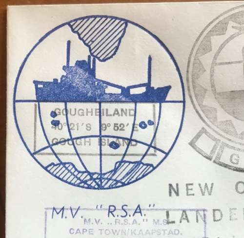CAPE TOWN PAQUEBOT 17.11.73 MV R.S.A. SHIP GOUGH ISLAND NEW OIL TANKS LANDED SHRIKE PENGUIN EMBLEM.