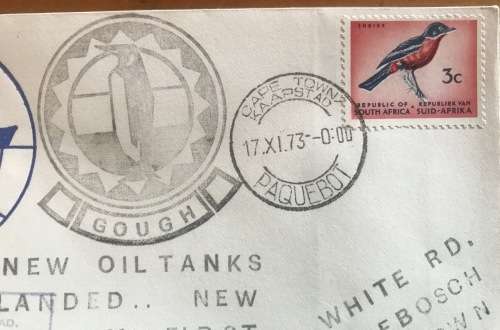 CAPE TOWN PAQUEBOT 17.11.73 MV R.S.A. SHIP GOUGH ISLAND NEW OIL TANKS LANDED SHRIKE PENGUIN EMBLEM.