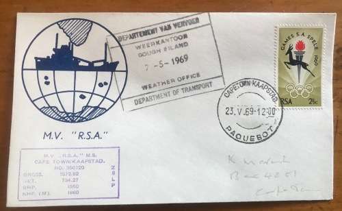 CAPE TOWN PAQUEBOT 23.5.69 MV R.S.A. SHIP GOUGH ISLAND WEATHER OFFICE 7.5.69 SA GAMES OLYMPIC RINGS.