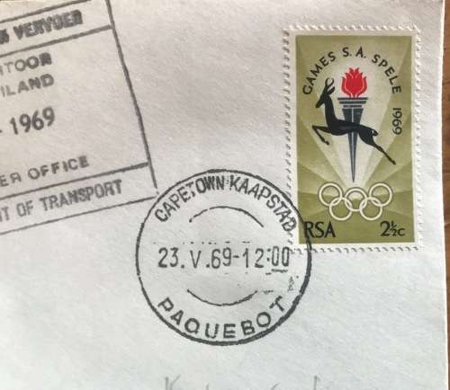 CAPE TOWN PAQUEBOT 23.5.69 MV R.S.A. SHIP GOUGH ISLAND WEATHER OFFICE 7.5.69 SA GAMES OLYMPIC RINGS.