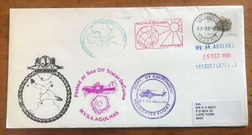 CAPE TOWN PAQUEBOT 4.11.89 MV SA AGULHAS SHIP VOYAGE 99 25.10.89 TRISTAN DA CUNHA HELICOPTER FLIGHT.