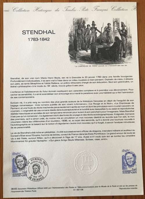 FRANCE STENDHAL 1783-1843 GRENOBLE PHILATELIC DOCUMENT 12.11.1983 LIMITED EDITION.