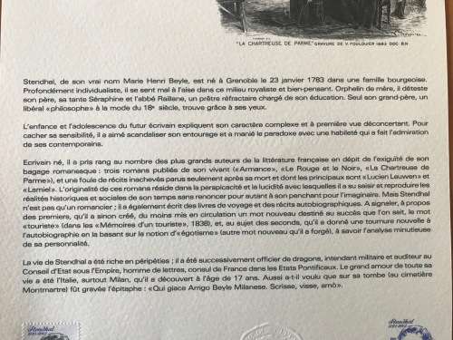 FRANCE STENDHAL 1783-1843 GRENOBLE PHILATELIC DOCUMENT 12.11.1983 LIMITED EDITION.