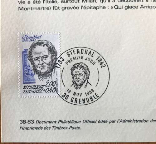 FRANCE STENDHAL 1783-1843 GRENOBLE PHILATELIC DOCUMENT 12.11.1983 LIMITED EDITION.