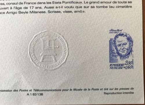 FRANCE STENDHAL 1783-1843 GRENOBLE PHILATELIC DOCUMENT 12.11.1983 LIMITED EDITION.