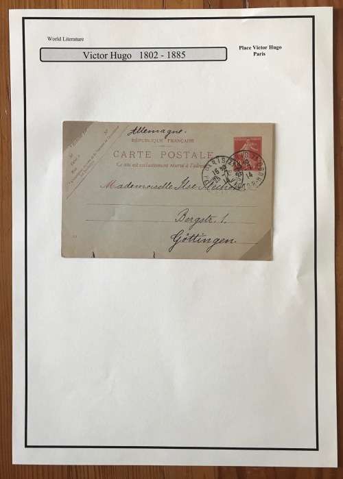 POSTCARD FRANCE 10c REPLY POST CARD VICTOR HUGO POSTMARK PARIS 1914 to GERMANY MOUNTED ON ALBUM PAGE