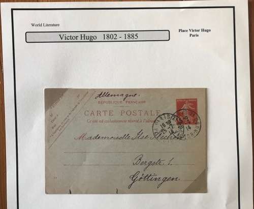 POSTCARD FRANCE 10c REPLY POST CARD VICTOR HUGO POSTMARK PARIS 1914 to GERMANY MOUNTED ON ALBUM PAGE