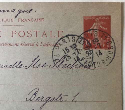 POSTCARD FRANCE 10c REPLY POST CARD VICTOR HUGO POSTMARK PARIS 1914 to GERMANY MOUNTED ON ALBUM PAGE