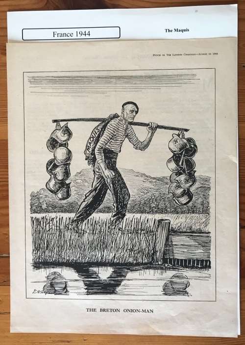 NEWSPAPER page PUNCH or the LONDON CHARIVARI 16 AUGUST 1944 WORLD WAR 2 THE BRETON ONION-MAN MAQUIS.