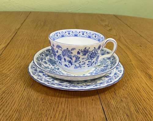MINTON TEA TRIO x 1=ENGLAND=SHALIMAR PATTERN=BLUE and WHITE=FINE BONE CHINA=LIMITED EDITION=1974.
