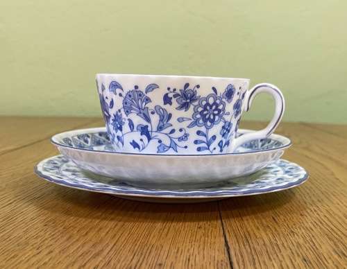 MINTON TEA TRIO x 1=ENGLAND=SHALIMAR PATTERN=BLUE and WHITE=FINE BONE CHINA=LIMITED EDITION=1974.