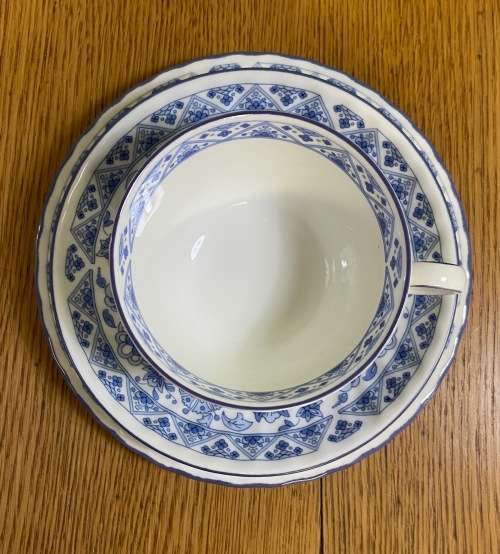 MINTON TEA TRIO x 1=ENGLAND=SHALIMAR PATTERN=BLUE and WHITE=FINE BONE CHINA=LIMITED EDITION=1974.