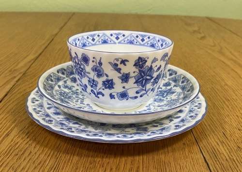 MINTON TEA TRIO x 1=ENGLAND=SHALIMAR PATTERN=BLUE and WHITE=FINE BONE CHINA=LIMITED EDITION=1974.