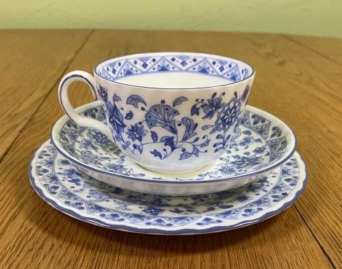 MINTON TEA TRIO x 1=ENGLAND=SHALIMAR PATTERN=BLUE and WHITE=FINE BONE CHINA=LIMITED EDITION=1974.