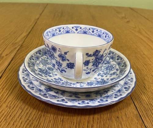 MINTON TEA TRIO x 1=ENGLAND=SHALIMAR PATTERN=BLUE and WHITE=FINE BONE CHINA=LIMITED EDITION=1974.