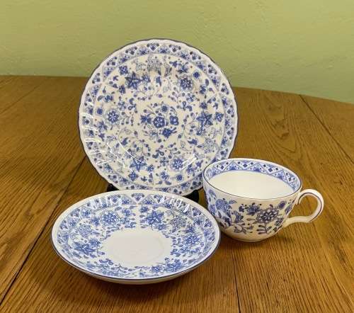 MINTON TEA TRIO x 1=ENGLAND=SHALIMAR PATTERN=BLUE and WHITE=FINE BONE CHINA=LIMITED EDITION=1974.