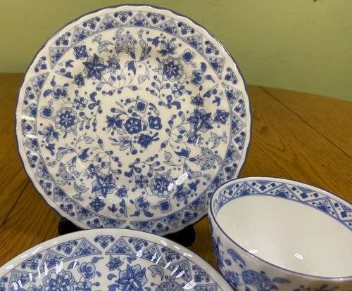MINTON TEA TRIO x 1=ENGLAND=SHALIMAR PATTERN=BLUE and WHITE=FINE BONE CHINA=LIMITED EDITION=1974.